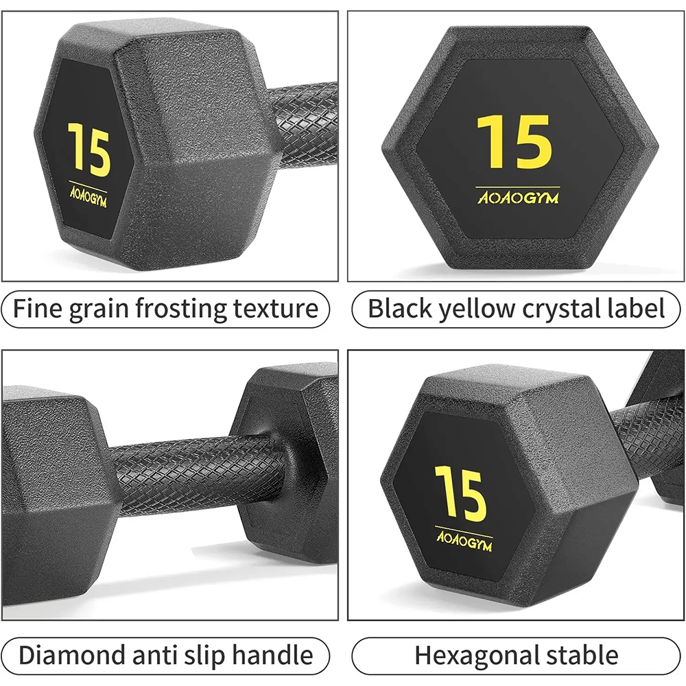Hex dumbbell set with PVC coating, featuring fine grain texture, anti-slip handle, and black-yellow label for gym training.