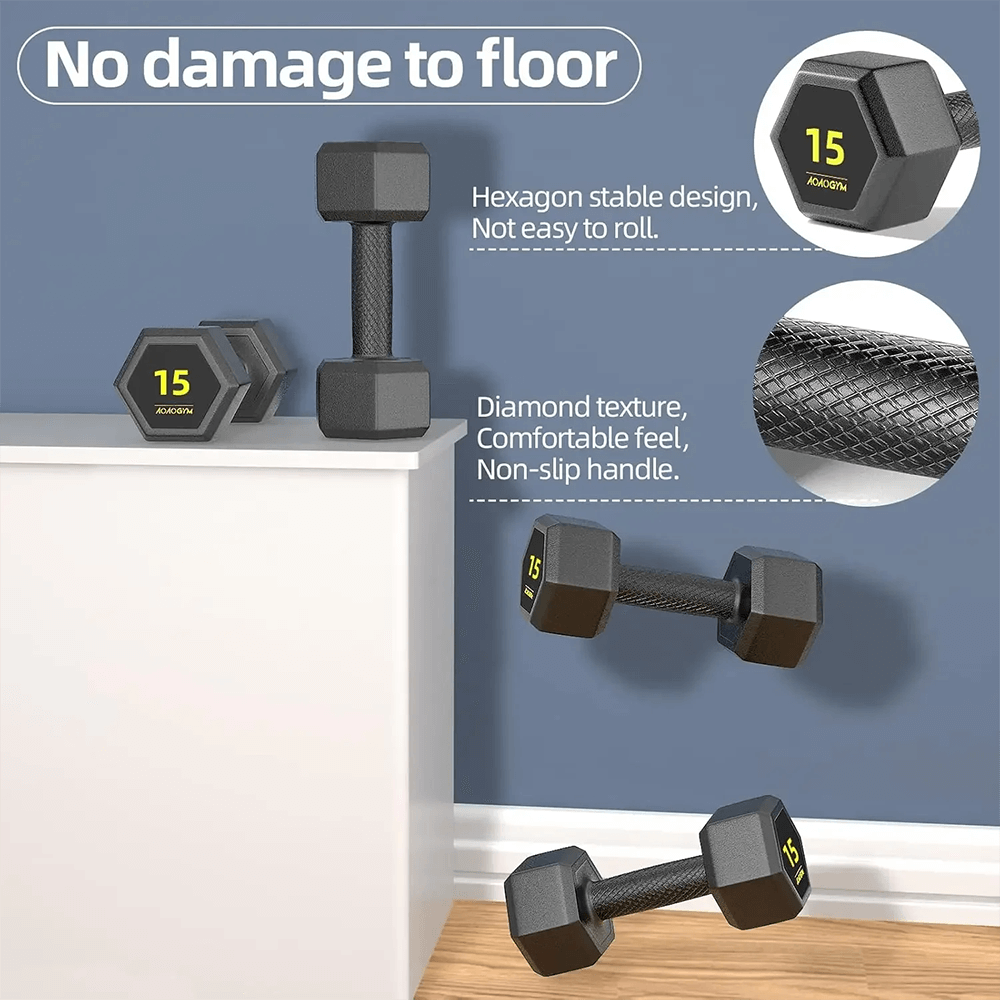 Hex Dumbbell Set with PVC Coating showing non-slip grip and stable design, perfect for home workouts without floor damage.