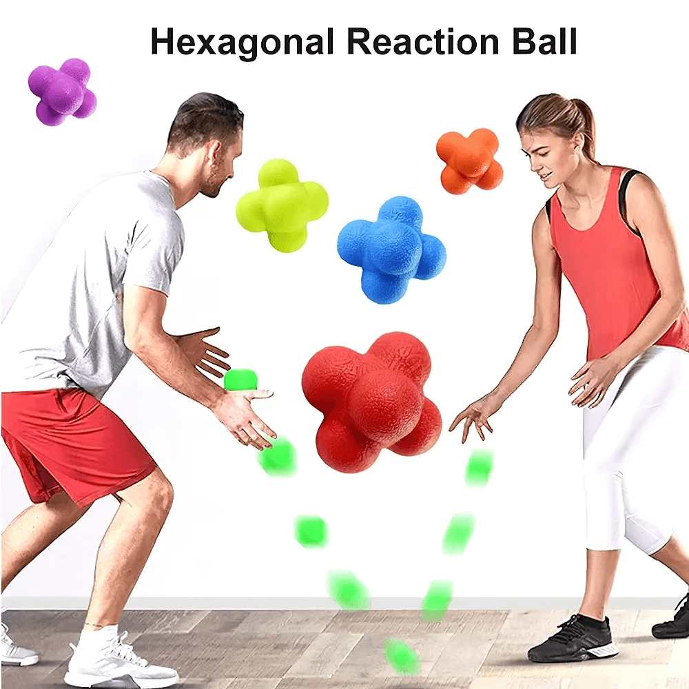 Two people playing with a hexagonal reaction ball for reflex training and agility drills, featuring colorful bouncy balls with unpredictable patterns.