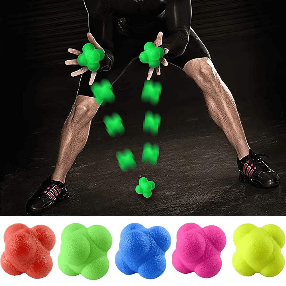 Man training with hexagonal reaction ball for reflex, agility, and coordination improvement. Available in multiple vibrant colors.