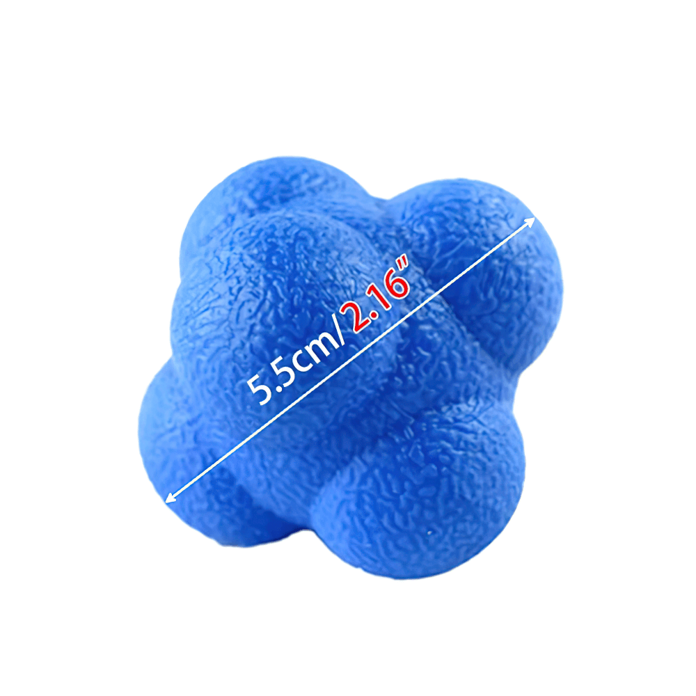 Blue hexagonal reaction ball measuring 5.5cm for reflex training, enhances hand-eye coordination with unpredictable bounces.