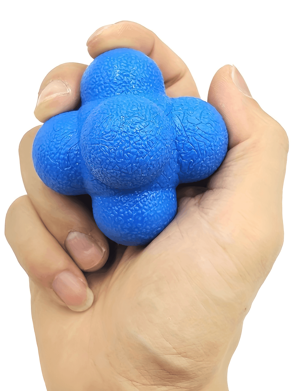 Blue hexagonal reaction ball for reflex and coordination training, held in hand. Ideal for agility drills and sports practice.