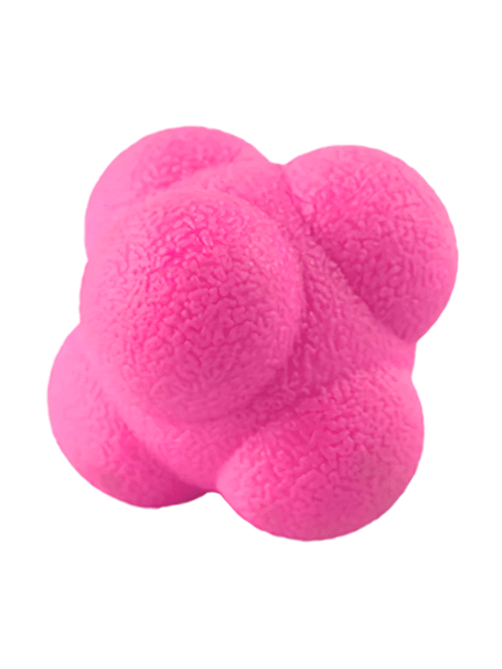 Bright pink hexagonal reaction ball for reflex training, featuring an unpredictable bounce for agility and coordination drills.