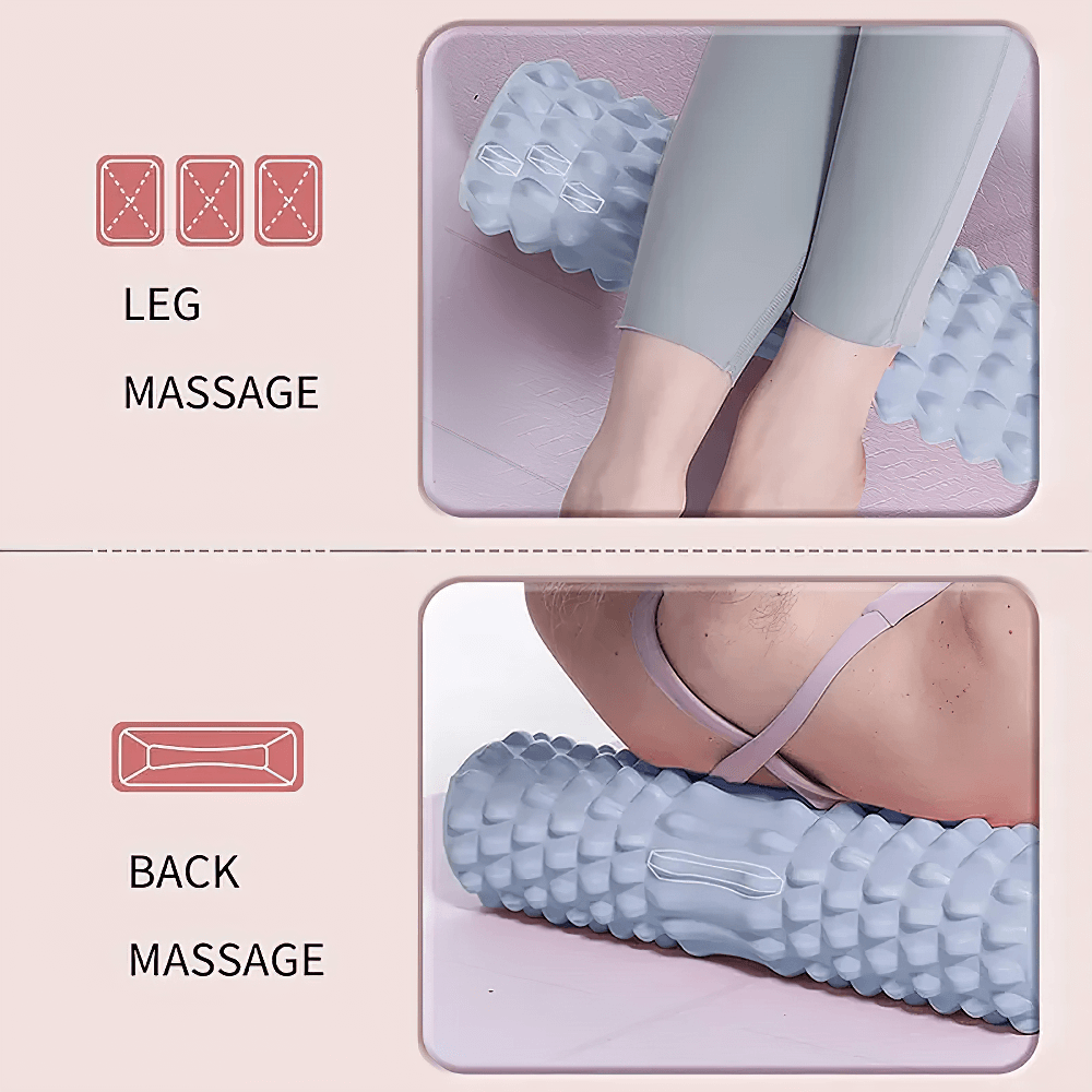 High-density foam roller for muscle relief showing leg and back massage use.