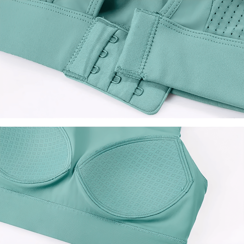High impact sports bra with quick dry fabric in mint green, featuring fixed latex padding and secure hook closure for yoga and gym sessions.