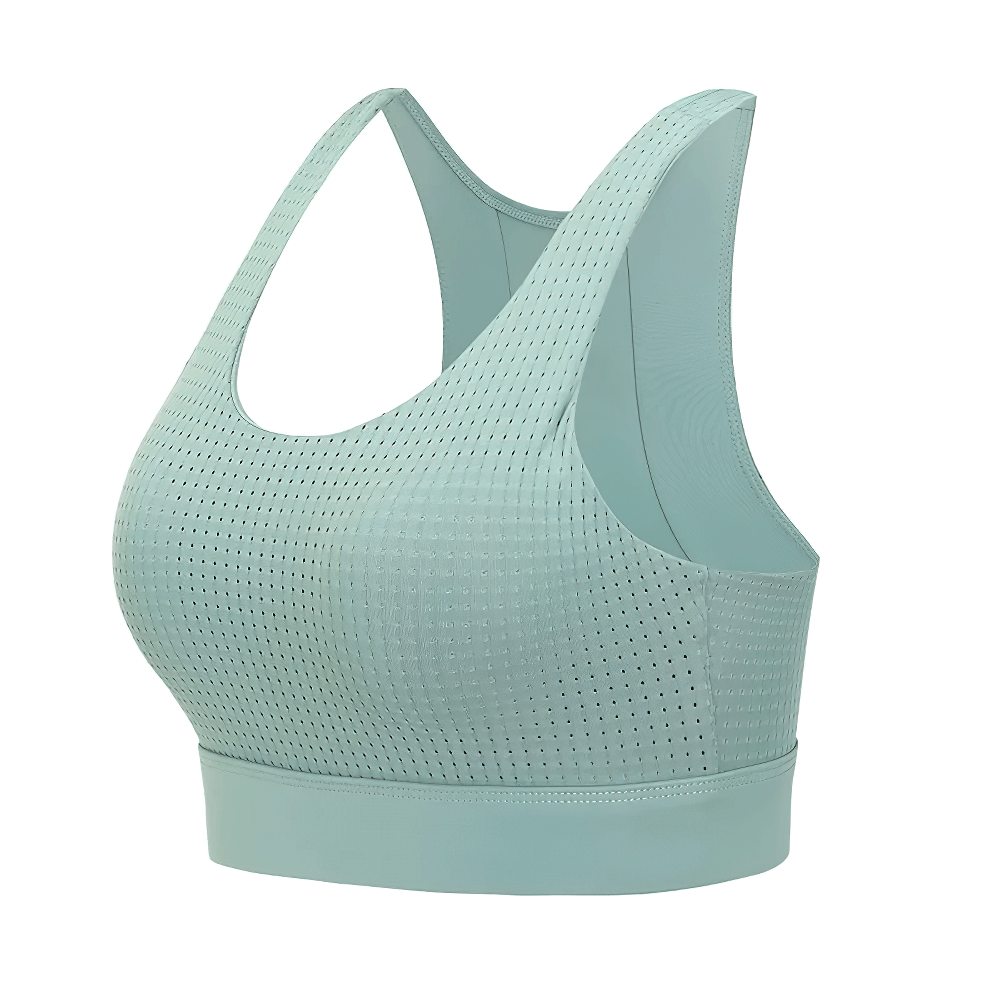 Light blue yoga sports bra with quick-dry, breathable fabric and fixed padding for high-impact support. Ideal for yoga and running.