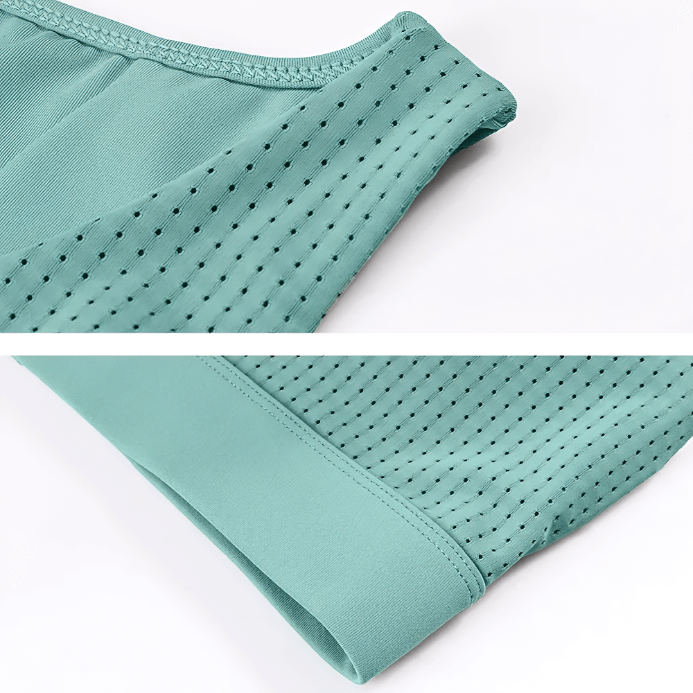 Close-up of teal high-impact sports bra with breathable, quick-dry fabric and fixed pad support, perfect for yoga and gym workouts.