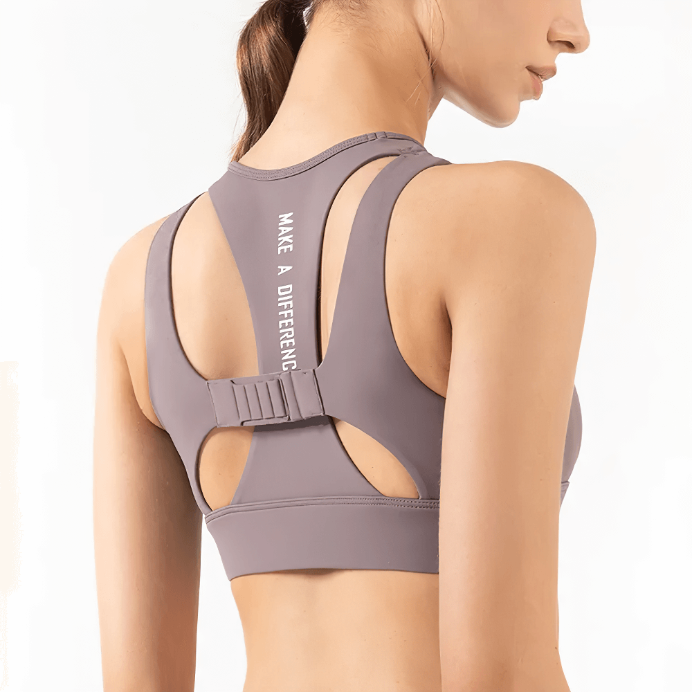Back view of a high-impact sports bra with a quick-dry, breathable design and fixed pad support in a crop top style, color: mauve.