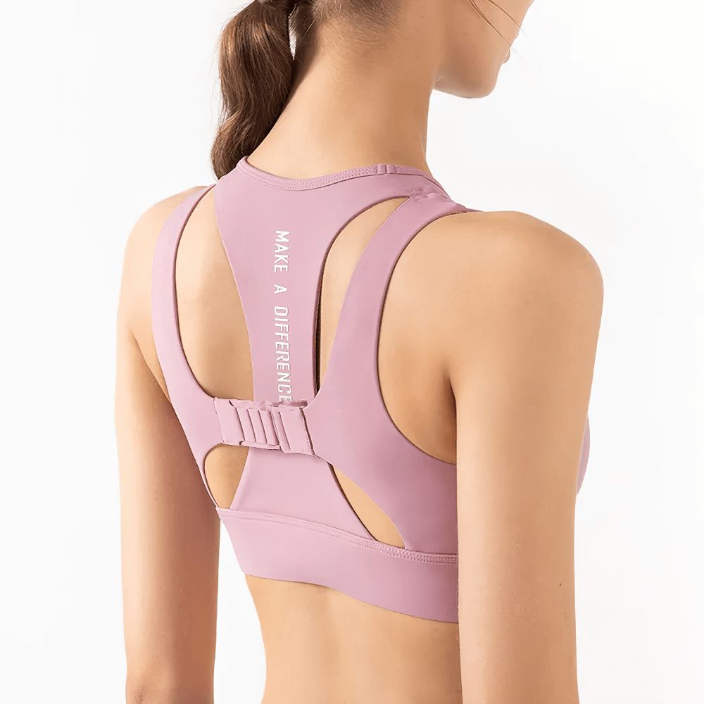 Back view of pink high-impact sports bra with quick-dry, breathable fabric and fixed pad support in a stylish crop tank design.