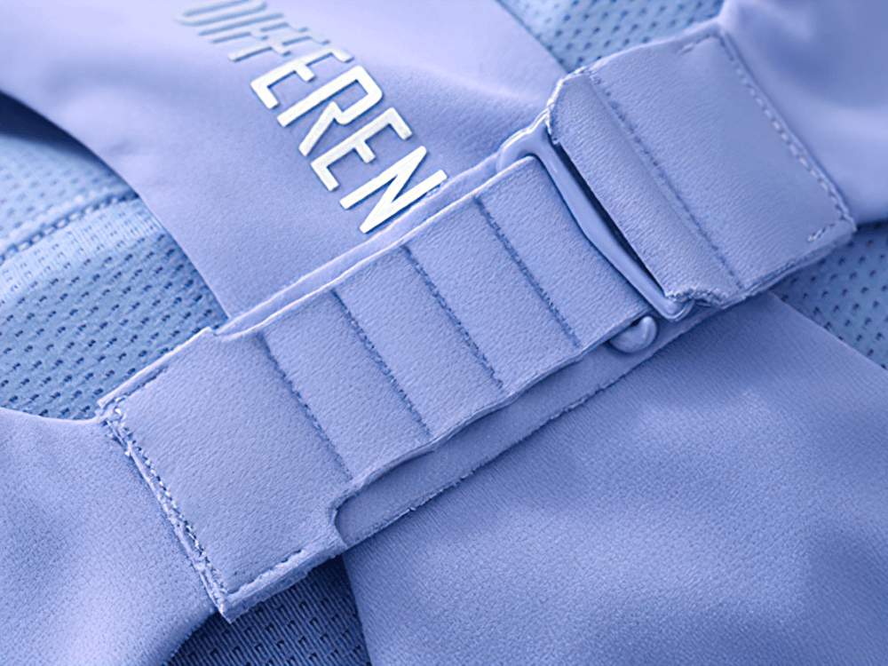 Close-up of blue high-impact sports bra with breathable mesh and secure buckle, perfect for yoga and running.