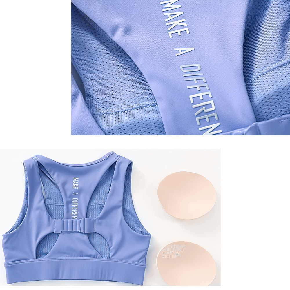 Back view of a blue high-impact sports bra with "Make a Difference" slogan and removable pads, featuring breathable and quick-dry fabric.