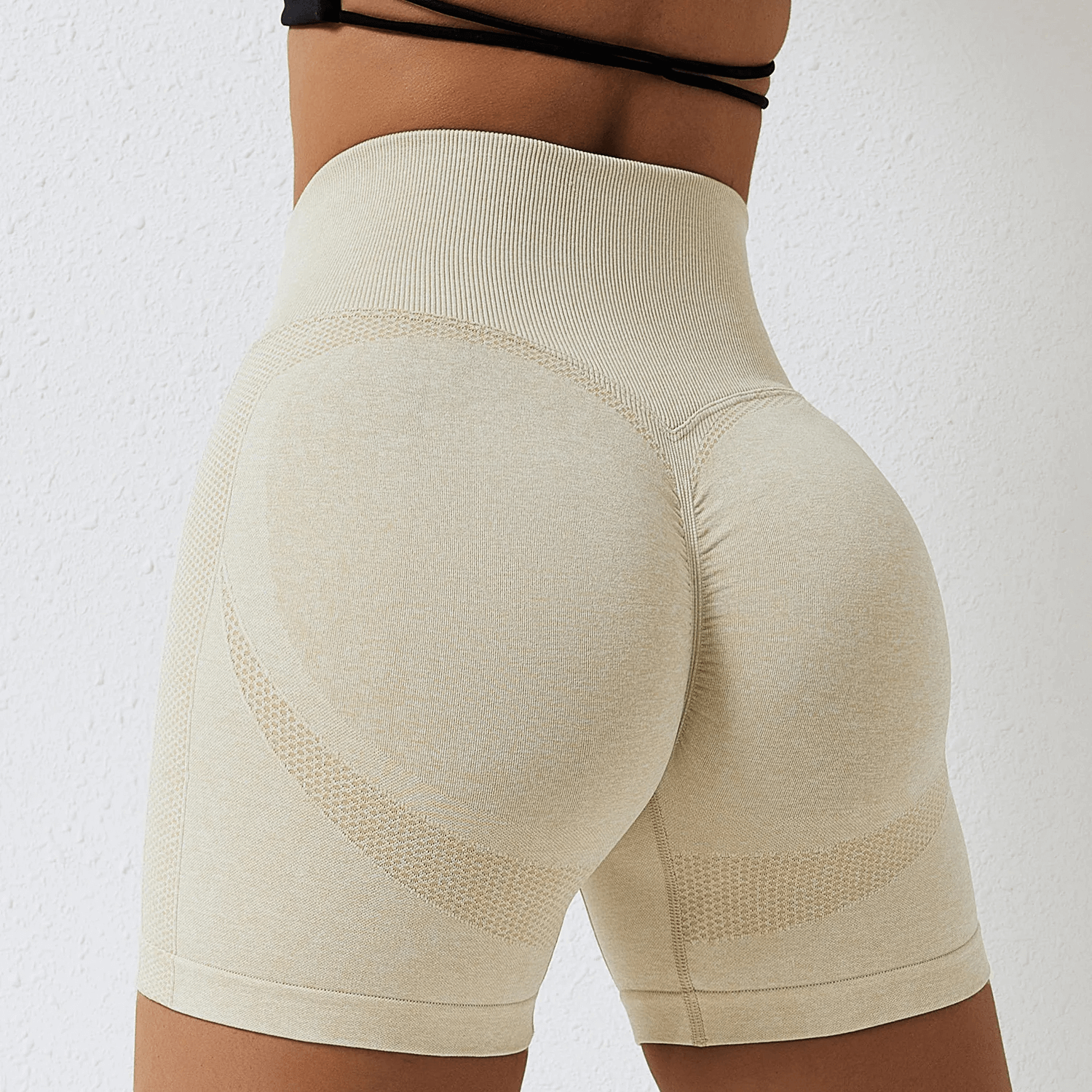High-Performance Nylon Spandex Yoga Shorts SF2210 in beige, offering comfort and style for yoga, running, and cycling activities.