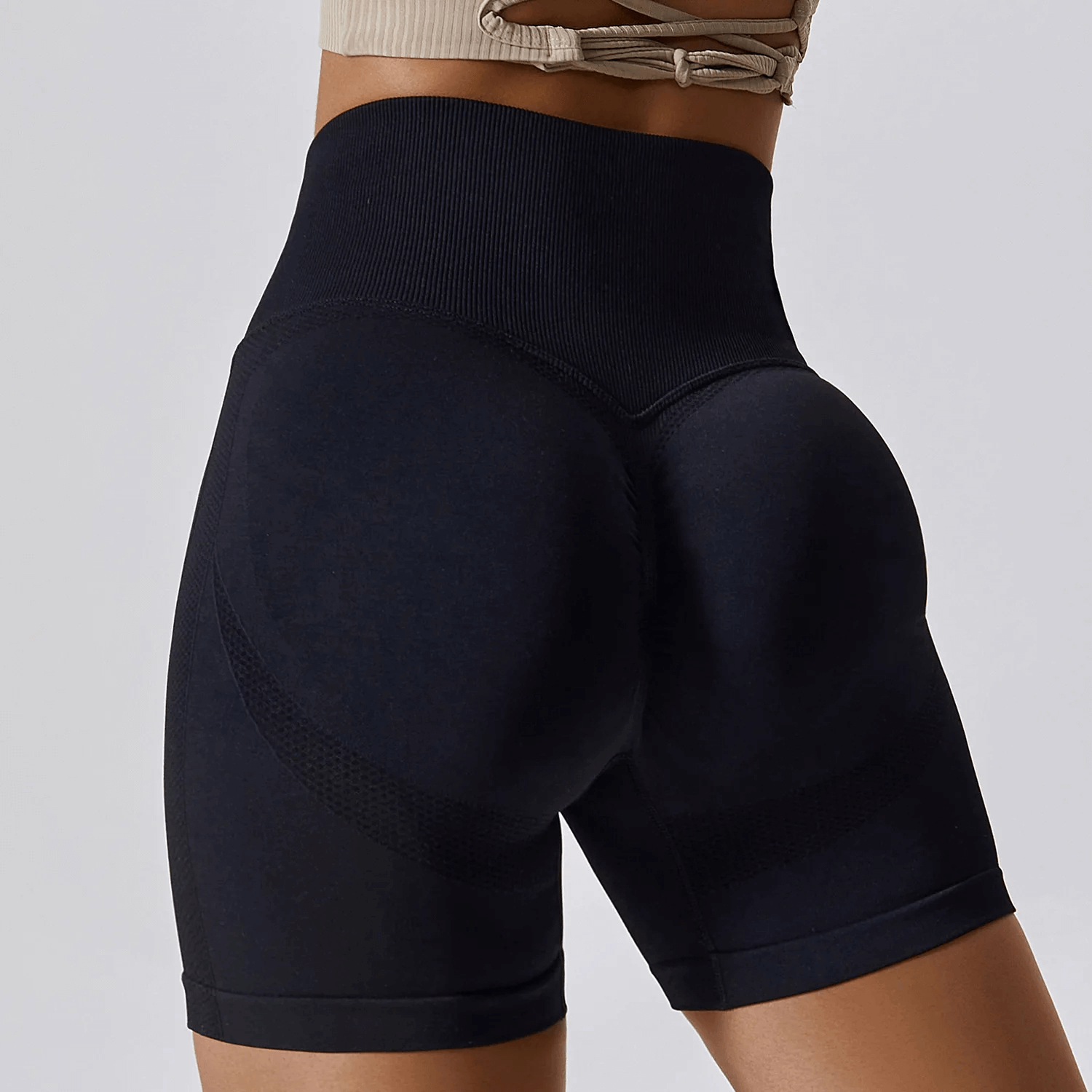 Rear view of high-performance nylon spandex yoga shorts SF2210, showcasing tailored fit and versatile design for active lifestyles.