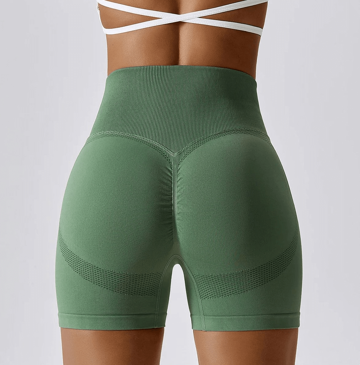 High-Performance Nylon Spandex Yoga Shorts SF2210 in green, showcasing back view, ideal for yoga, running, and versatile athletic activities.
