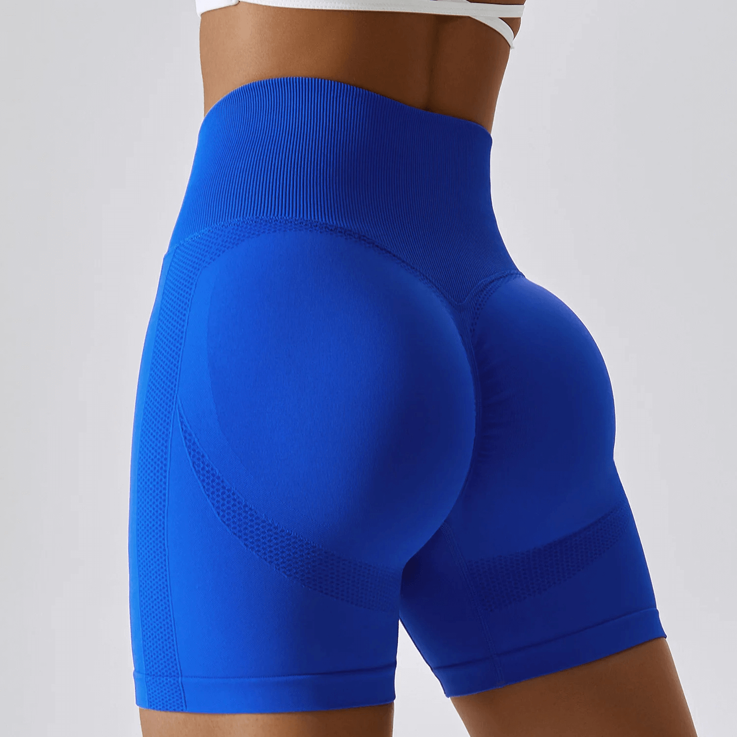 High-performance blue nylon spandex yoga shorts SF2210, showcasing tailored fit for athletic versatility and freedom of movement.