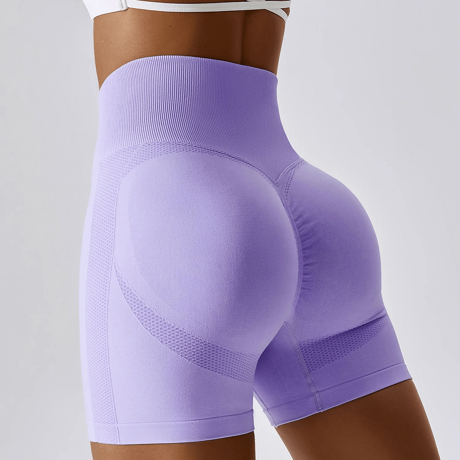 Elegant purple nylon spandex yoga shorts showcasing a sleek, high-performance design for athletic activities.