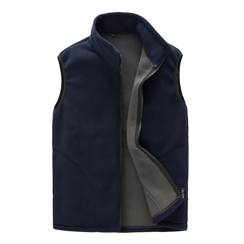 Men's high stand-up collar fleece vest with zipper in navy, featuring thermal quick-dry tech, perfect for outdoor activities.