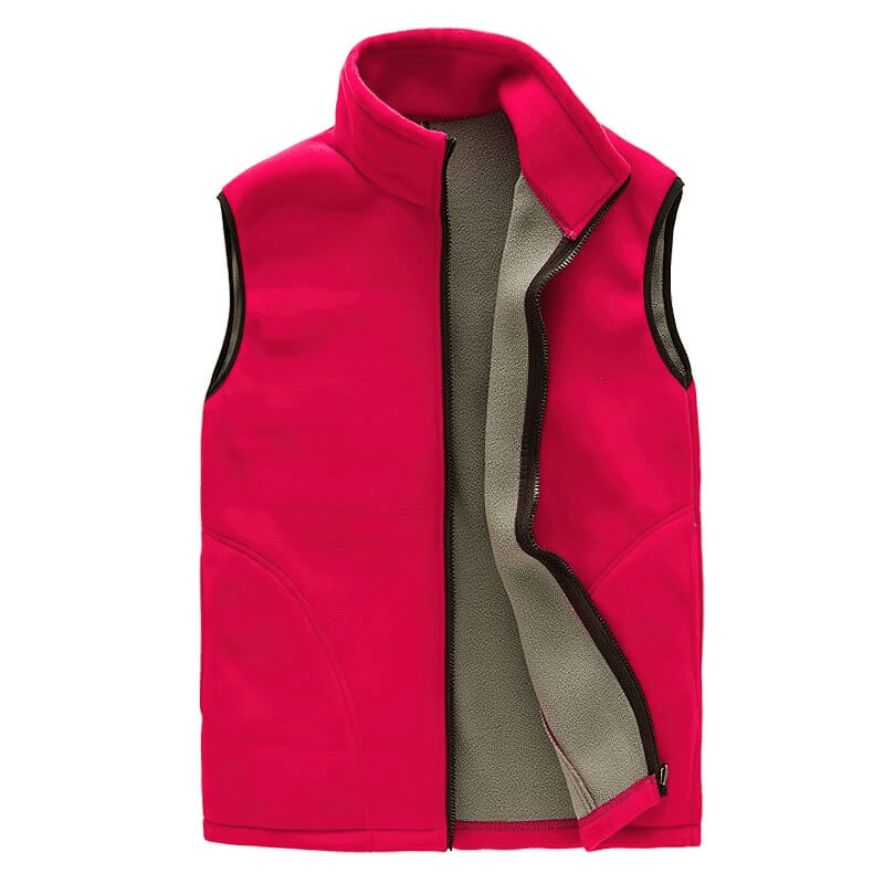 Red men's high stand-up collar fleece vest with zipper, thermal and quick-dry, 100% polyester, two pockets, perfect for outdoors.