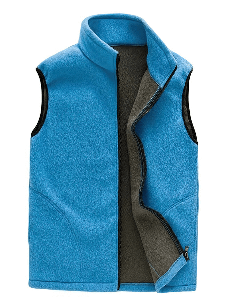 Men's blue fleece vest with high stand-up collar, zipper closure, and pockets showcasing warmth and style, perfect for outdoor activities.