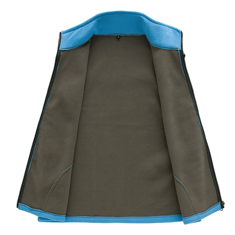 High stand-up collar fleece vest for men with zipper, blue and gray, open view showing thermal lining, perfect for outdoor activities.