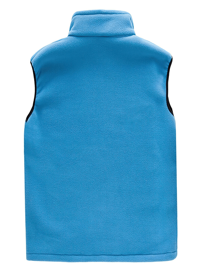 Men’s blue fleece vest with high stand-up collar and zipper; perfect for outdoor activities; SF0155 model.