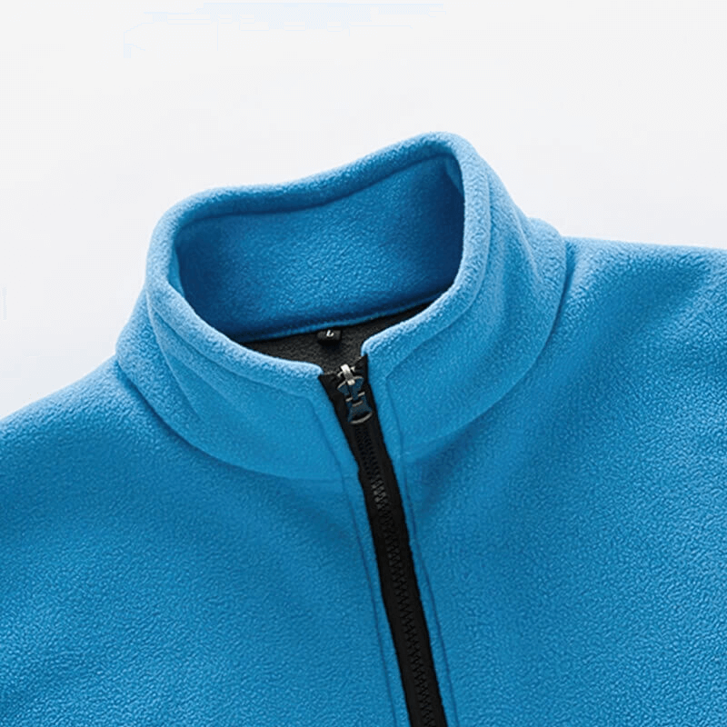 Blue fleece vest with high stand-up collar and zipper, men's outdoor polyester jacket for warmth and comfort.