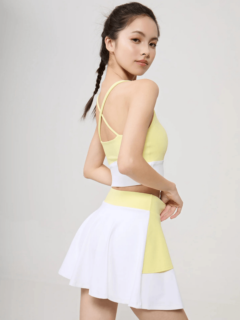 High Waist Color Block Tennis Skort With Liner - SF4578 worn by a model showcasing a flared athletic design.