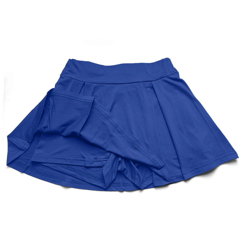 Alt Tag: High Waist Flared Mini Skirt for Sports - SF4393 blue A-line skater skirt with wide waistband and built-in shorts