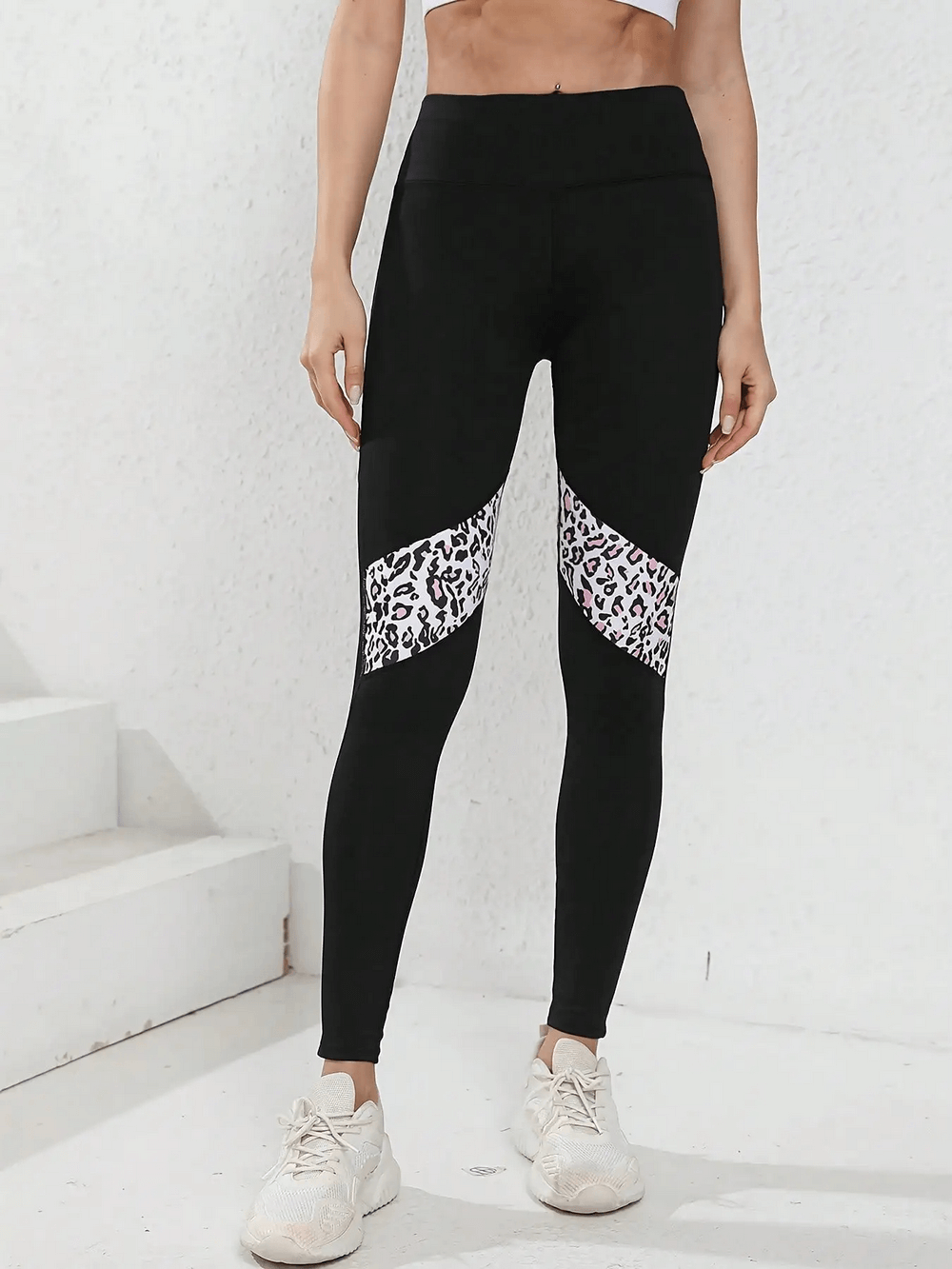High Waist Leopard Panel Yoga Leggings - SF4055 featuring black base with leopard print knee panels for stylish workout wear.