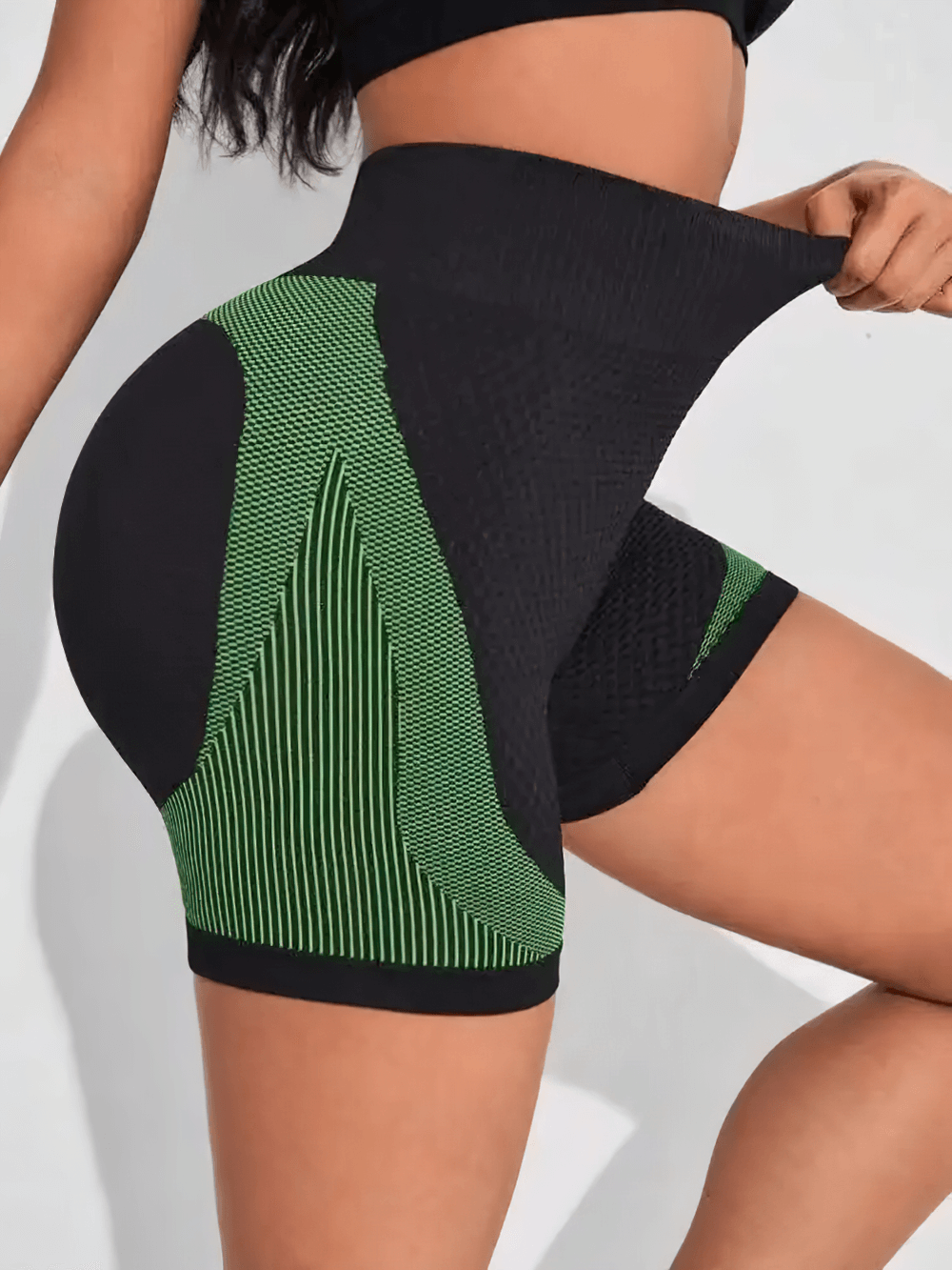 High Waist Scrunch Seam Training Shorts for Women - SF4163 in black-green, showcasing tummy control and ruched back design.