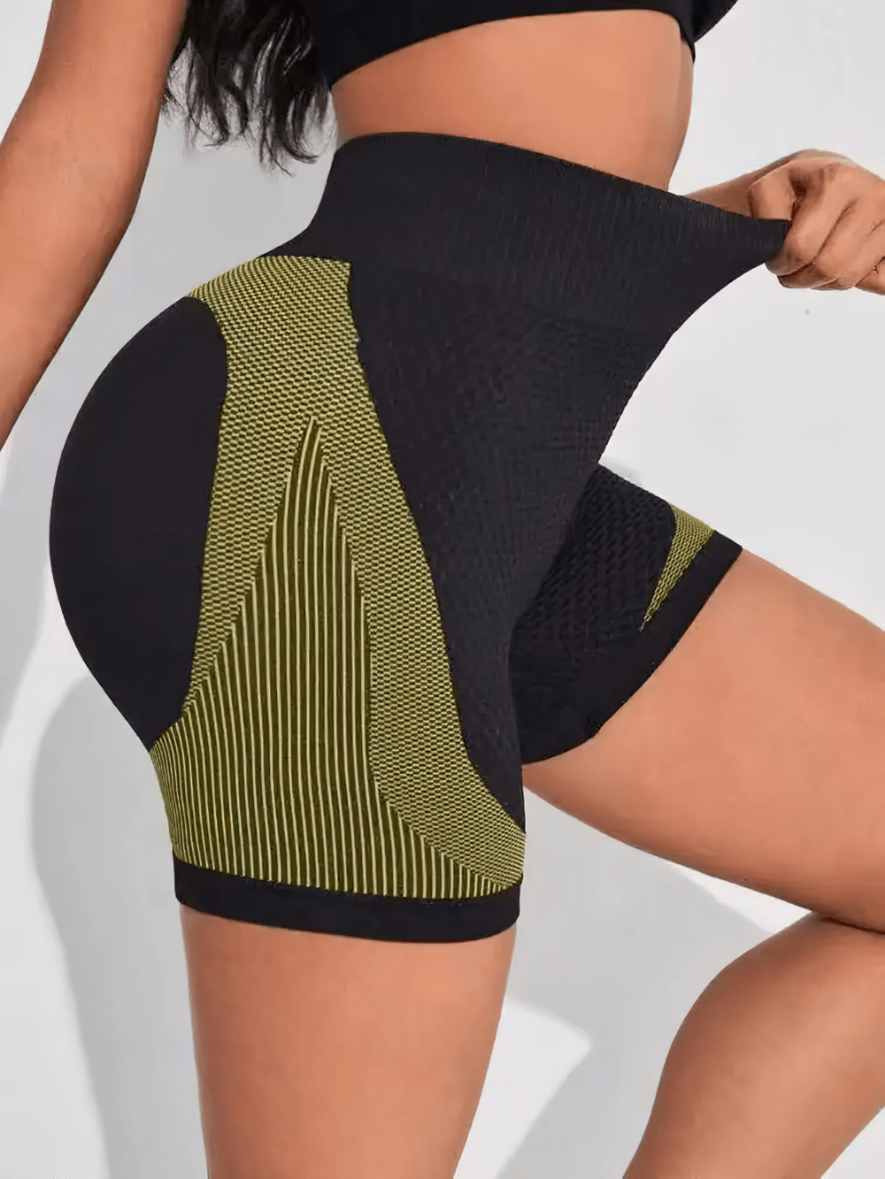 High Waist Scrunch Seam Training Shorts for Women - SF4163 in black-green showing tummy control and ruched back detail for enhanced shape.