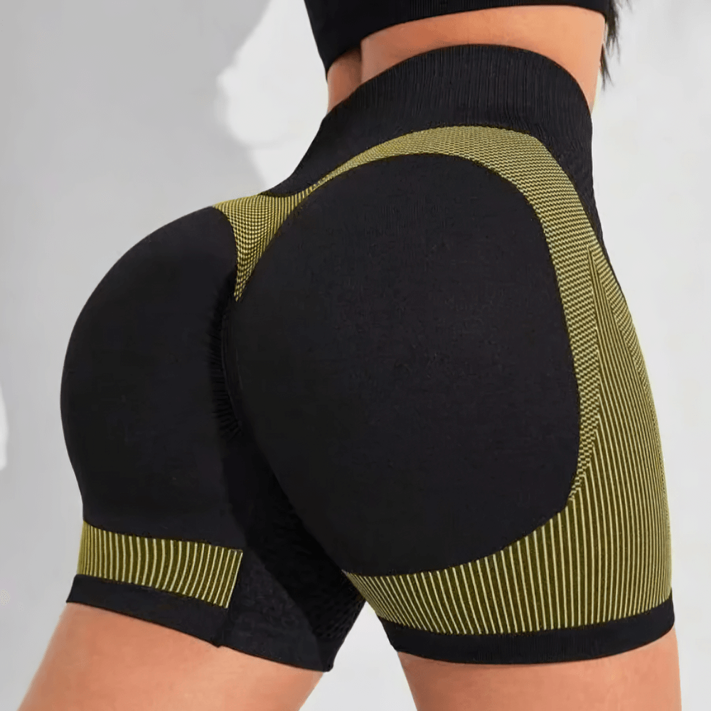 High Waist Scrunch Seam Training Shorts for Women - SF4163 in Black-Green, showing ruched back and rib-knit contour panels.