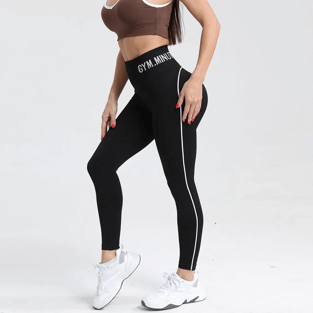 Woman wearing High-Waist Seamless Contrast Workout Leggings - SF4051, showcasing side piping and hip-lift design, perfect for fitness.