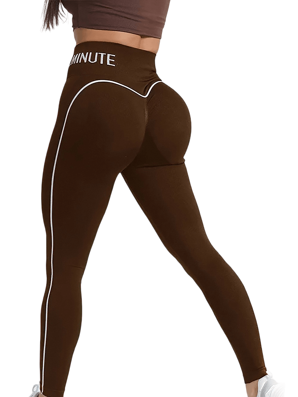 Woman wearing High-Waist Seamless Contrast Workout Leggings - SF4051 in brown with color-contrast piping and hip-lift knit.