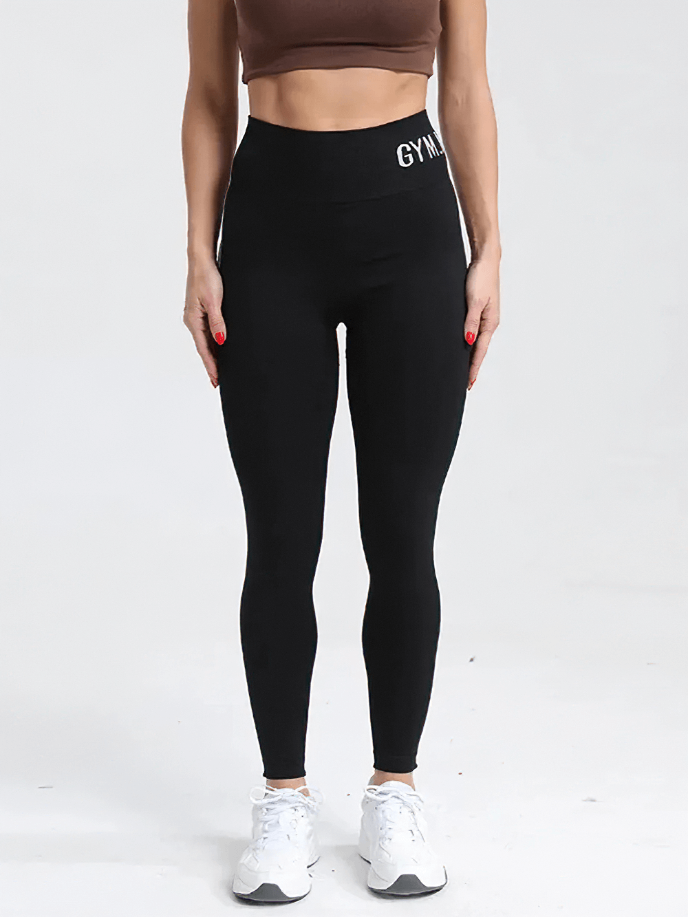 High-Waist Seamless Contrast Workout Leggings - SF4051 on woman, showcasing stretchy high gym waist in black with contrast piping.
