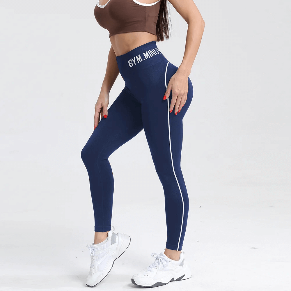 High-Waist Seamless Contrast Workout Leggings - SF4051 for women in blue, showcasing color-contrast piping and hip-lift knit.