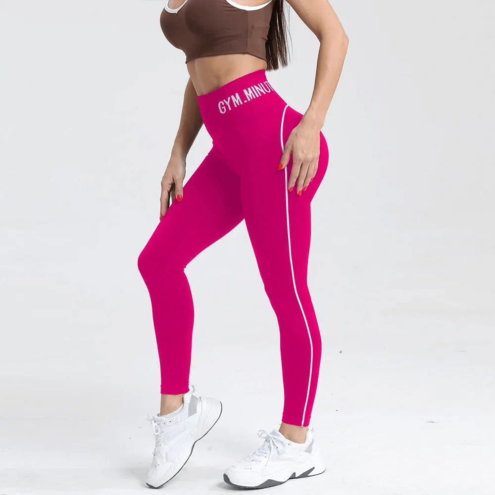 High-Waist Seamless Contrast Workout Leggings - SF4051 in bold pink with white stripe, model fitness pose, showcasing hip-lift design.