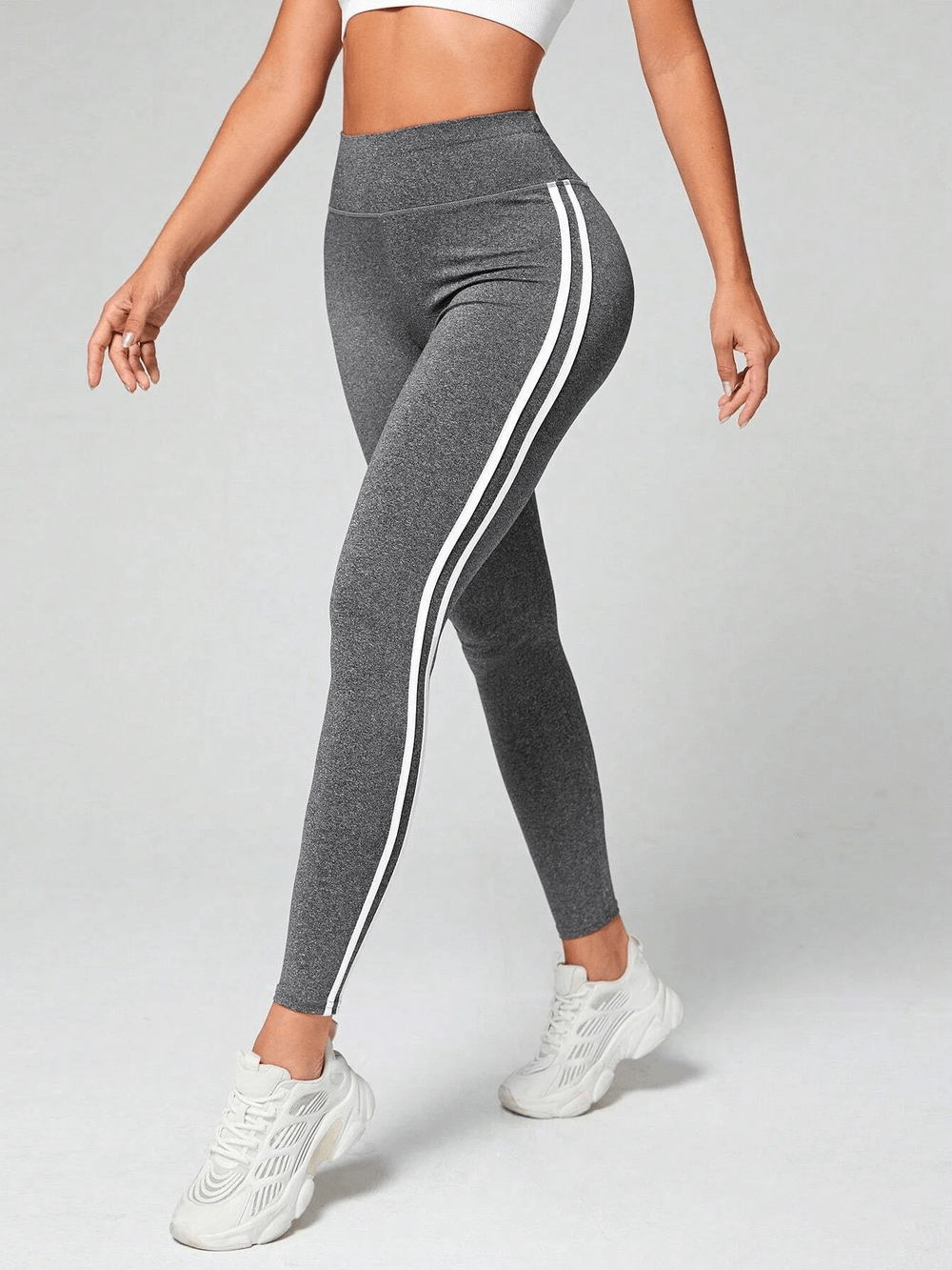 High Waist Side Stripe Sports Leggings for Women - SF4019 in gray with tummy control design and sporty stripe detail for workouts.