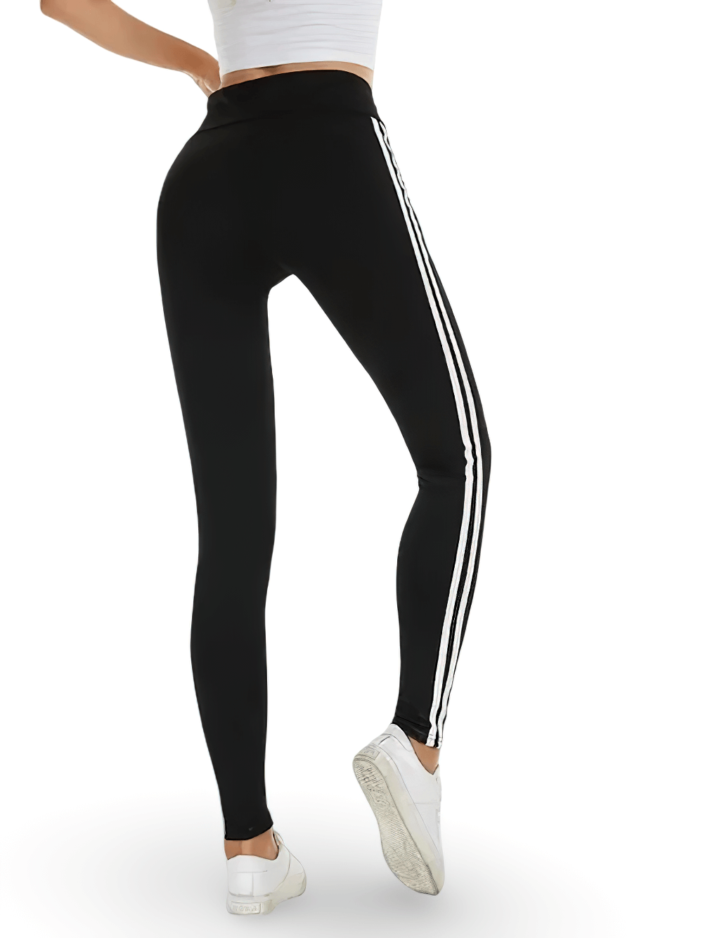 High Waist Side Stripe Sports Leggings for Women - SF4019 showcasing tummy control and sporty vertical stripes in black.