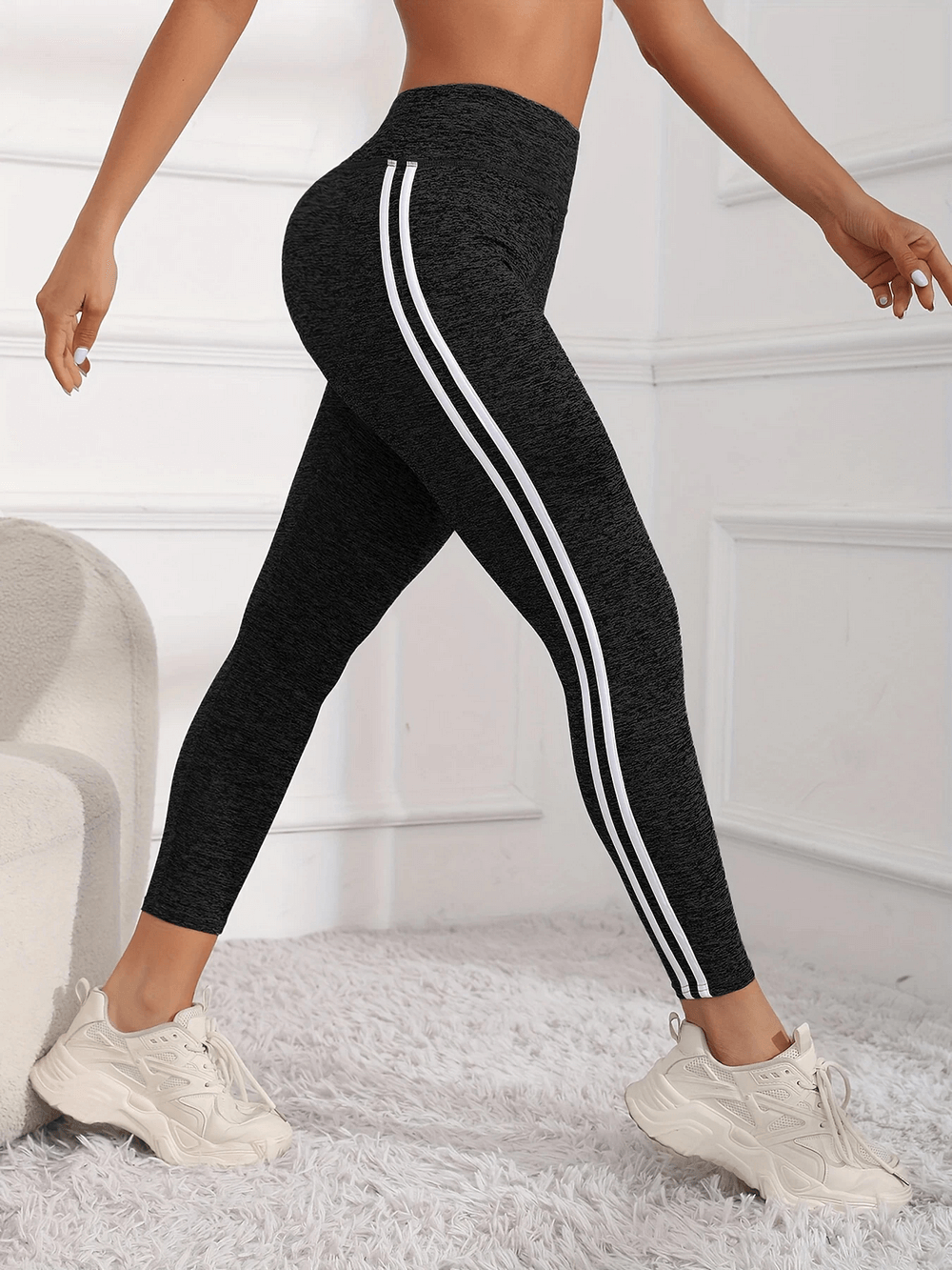 High Waist Side Stripe Sports Leggings for Women - SF4019 showcasing tummy control and sporty style.