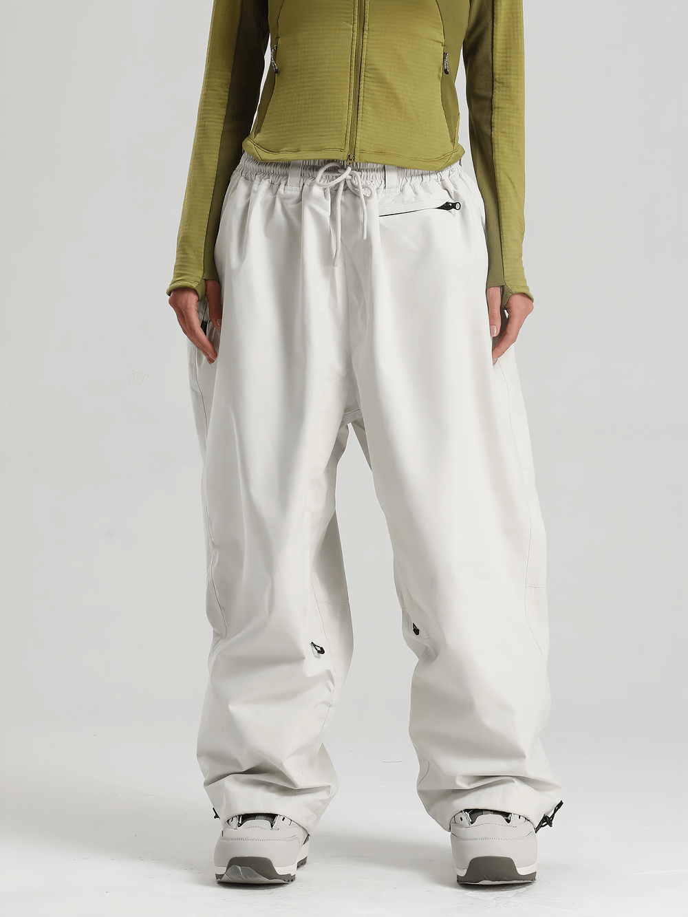 Model wearing High Waist Snowboard Pants with Vent Zippers - SF4241 featuring loose fit and adjustable waist for skiing