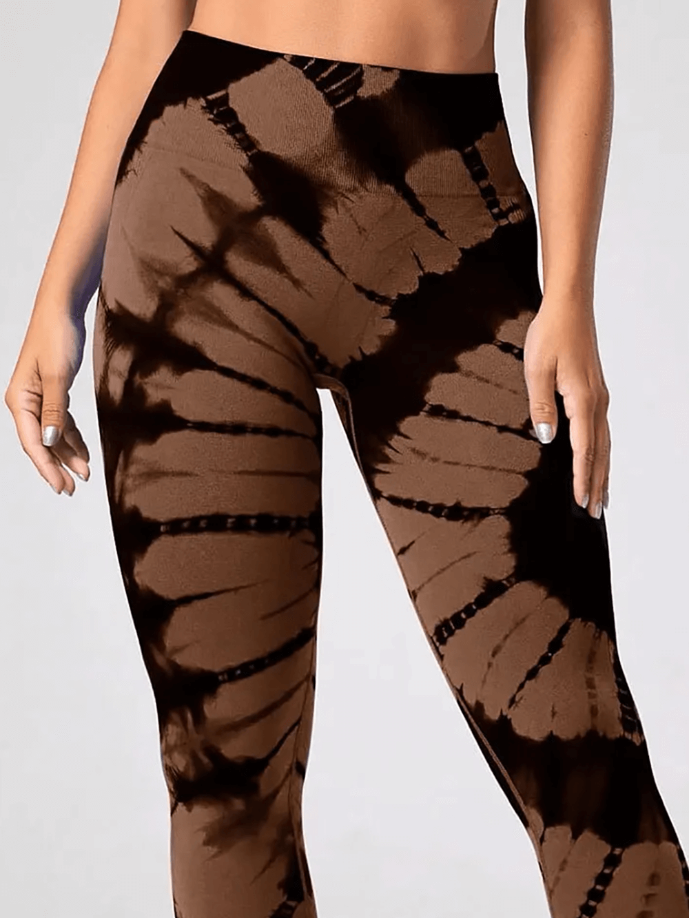 High Waist Tie Dye Seamless Scrunch Butt Leggings - SF4021 in bold brown and black pattern, highlighting ribbed knit and sleek fit.