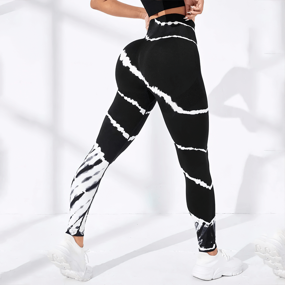 High Waist Tie Dye Workout Leggings for Women - SF4009, showcasing bold lightning-style print and seamless design for gym and yoga.