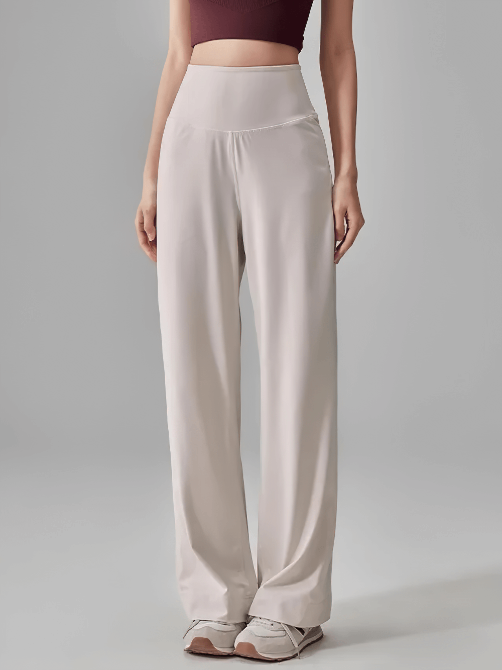 Alt Tag: High Waist Wide Leg Yoga Pants with Side Pockets - SF4358 in light beige, full-length high-rise wide leg fit with deep pockets