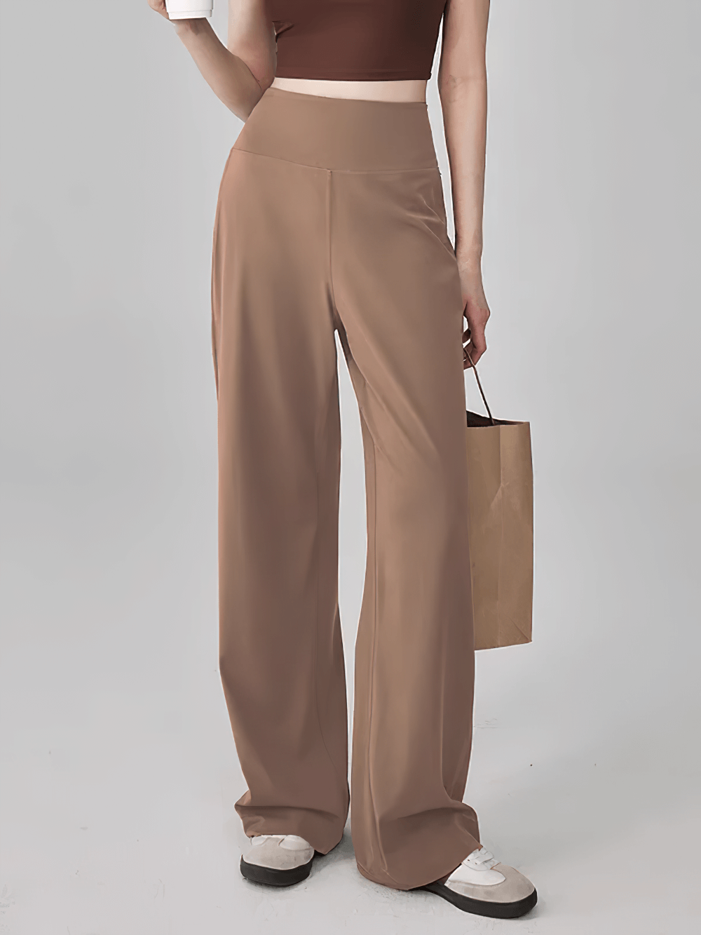 Alt Tag: High Waist Wide Leg Yoga Pants with Side Pockets - SF4358 high-rise wide-leg studio pants with pockets, taupe, full-length