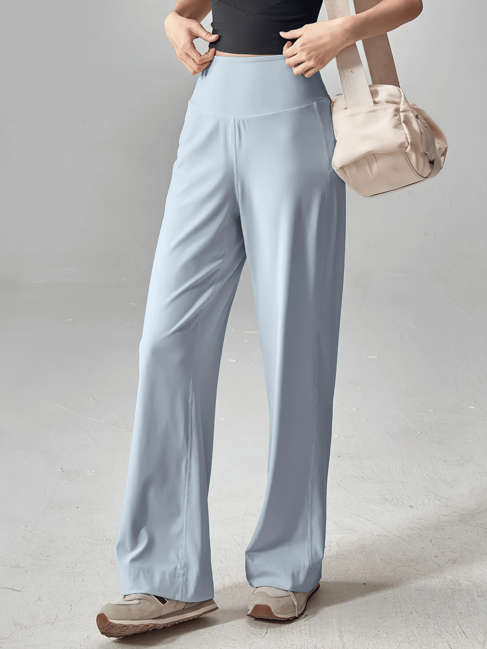 Alt Tag: High Waist Wide Leg Yoga Pants with Side Pockets - SF4358 light blue wide-leg high-waist pants with deep pockets