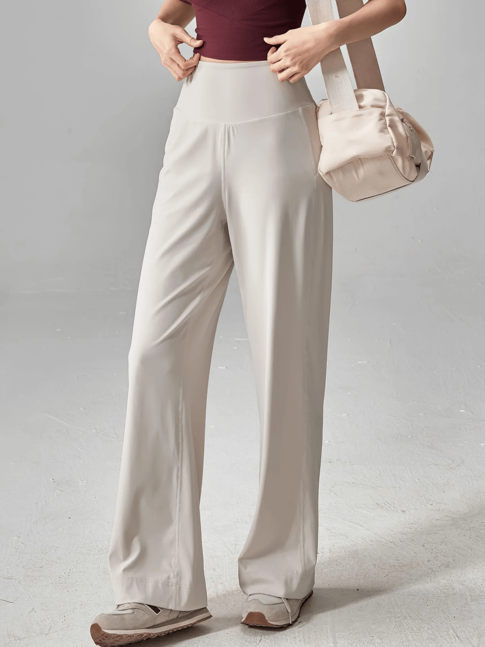 Alt Tag: High Waist Wide Leg Yoga Pants with Side Pockets - SF4358 in cream, high-rise wide-leg fit with pockets for studio-to-street comfort