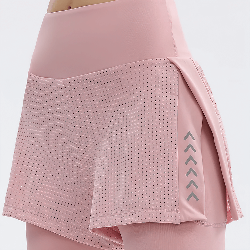 High-waist yoga leggings with pink mesh shorts overlay, perfect for a stylish and breathable workout. SF2325 design.