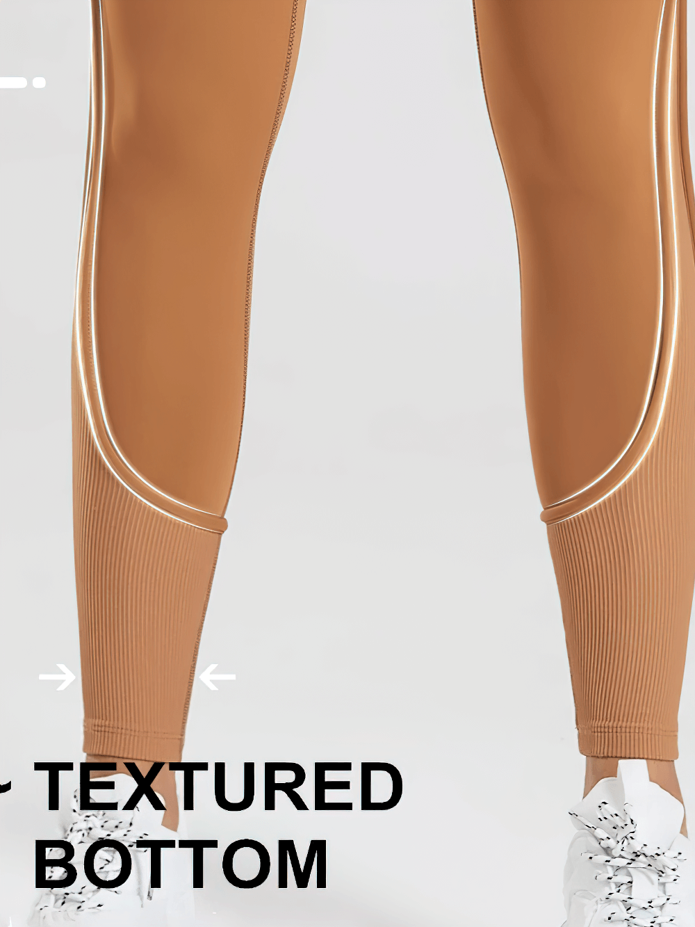 Textured high-waist yoga pants with hip-lifting design and white sneakers, perfect for workouts and fitness sessions.