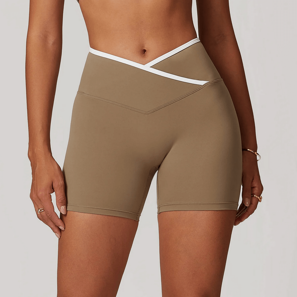 High Waist Yoga Shorts with V-Waist Design, women's sports shorts for gym sessions, running, and lounging in stretch fabric.